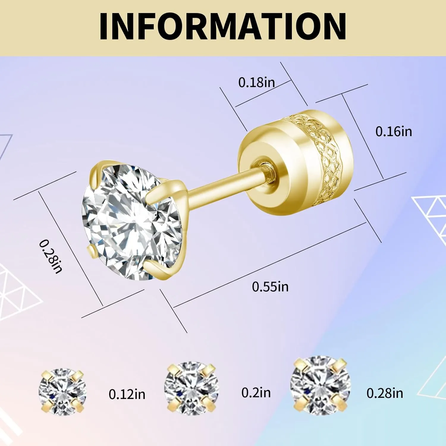 3 Pairs Stud Earrings Set for Women Men, 14K Gold Plated Round Cubic Zirconia Studs, Hypoallergenic Double Sided Cubic Zirconia Earrings for Women Men3-5-7mm (Gold)
