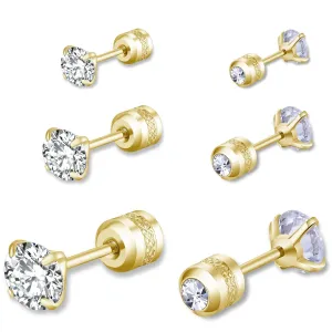 3 Pairs Stud Earrings Set for Women Men, 14K Gold Plated Round Cubic Zirconia Studs, Hypoallergenic Double Sided Cubic Zirconia Earrings for Women Men3-5-7mm (Gold)