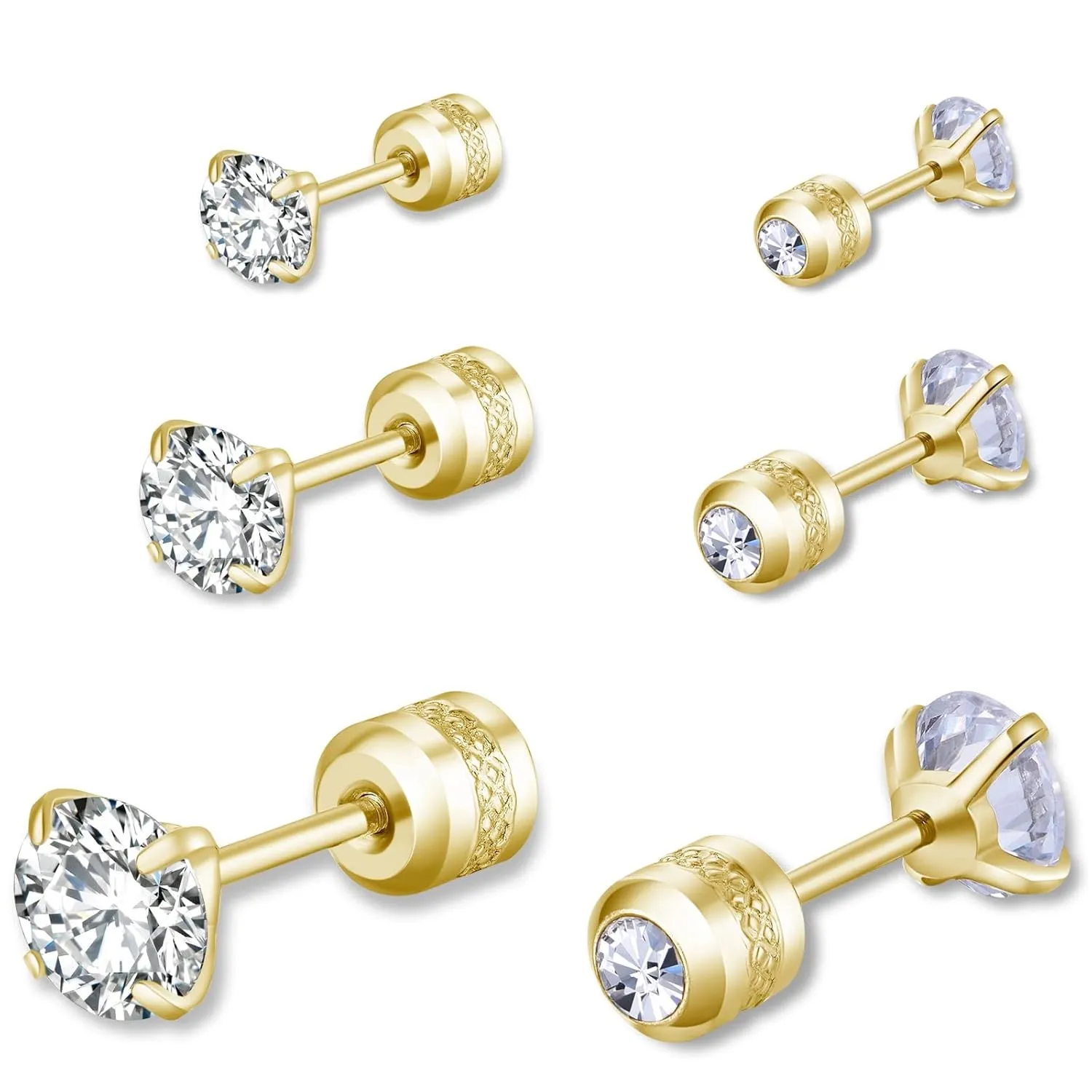 3 Pairs Stud Earrings Set for Women Men, 14K Gold Plated Round Cubic Zirconia Studs, Hypoallergenic Double Sided Cubic Zirconia Earrings for Women Men3-5-7mm (Gold)