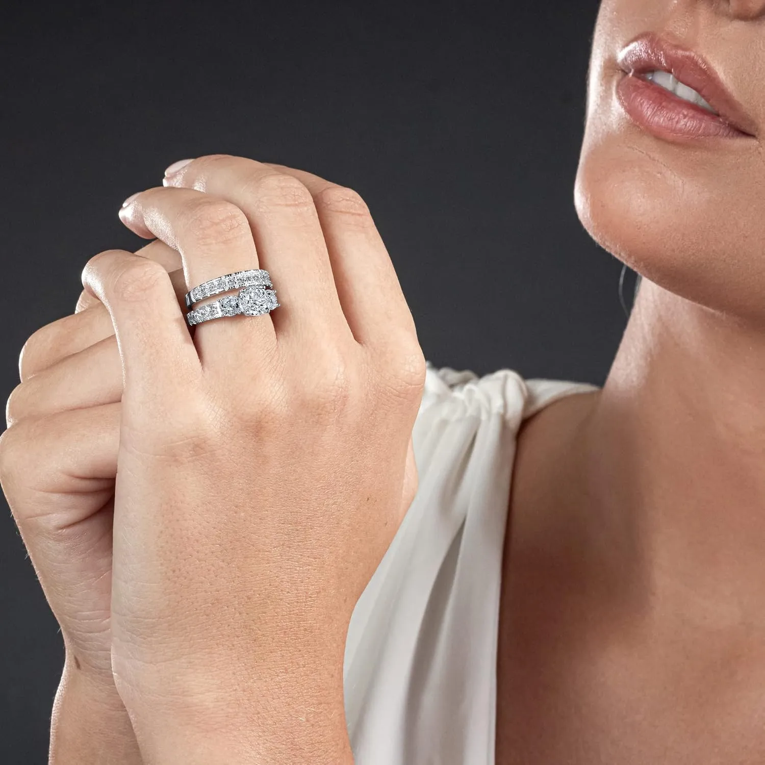 3.4 Carats Sterling Silver Past Present Future 2-Pc Bridal Set Cubic Zirconia Engagement Wedding Ring Band