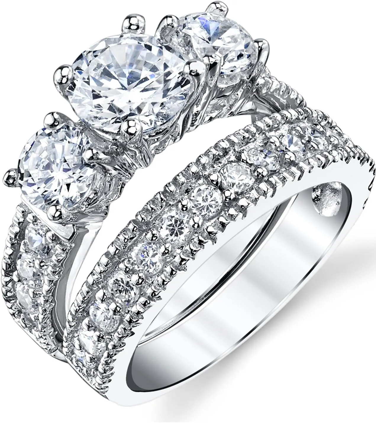 3.4 Carats Sterling Silver Past Present Future 2-Pc Bridal Set Cubic Zirconia Engagement Wedding Ring Band