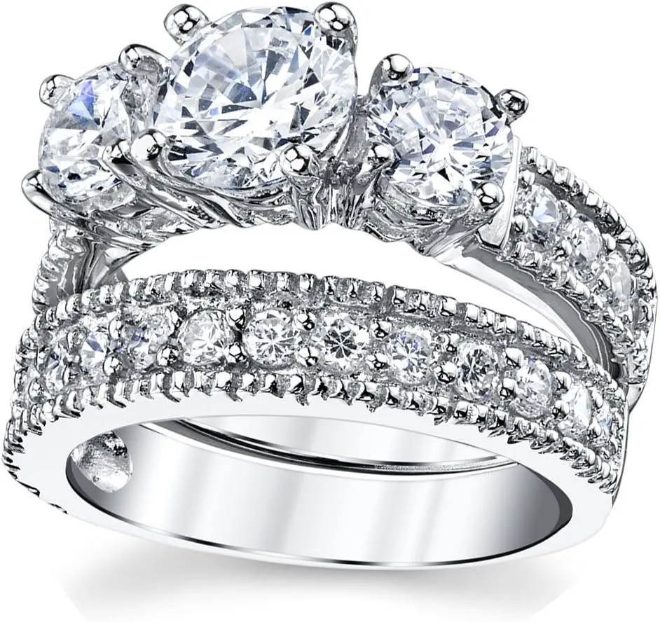 3.4 Carats Sterling Silver Past Present Future 2-Pc Bridal Set Cubic Zirconia Engagement Wedding Ring Band