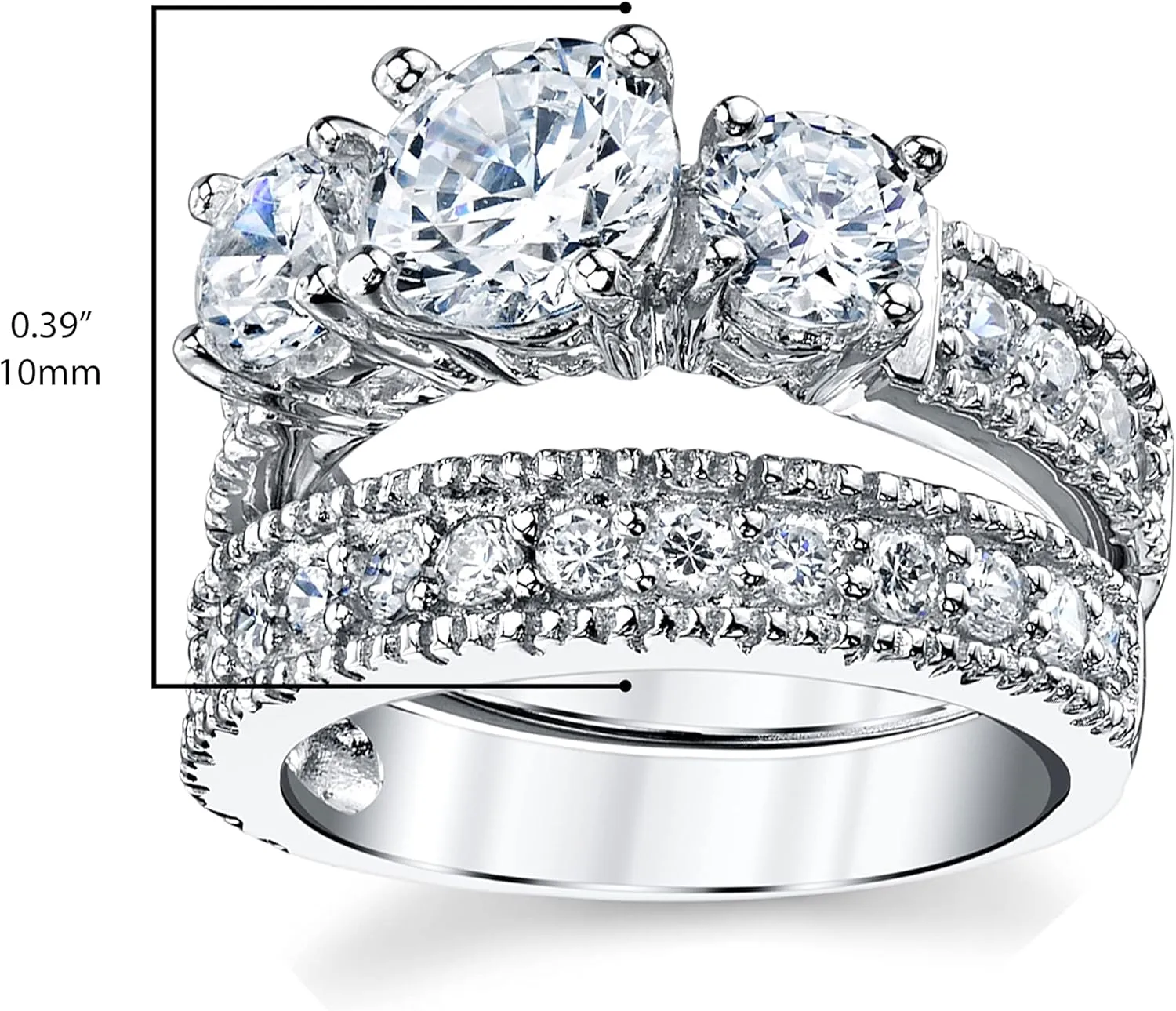 3.4 Carats Sterling Silver Past Present Future 2-Pc Bridal Set Cubic Zirconia Engagement Wedding Ring Band