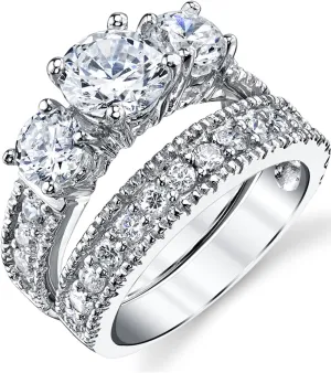 3.4 Carats Sterling Silver Past Present Future 2-Pc Bridal Set Cubic Zirconia Engagement Wedding Ring Band