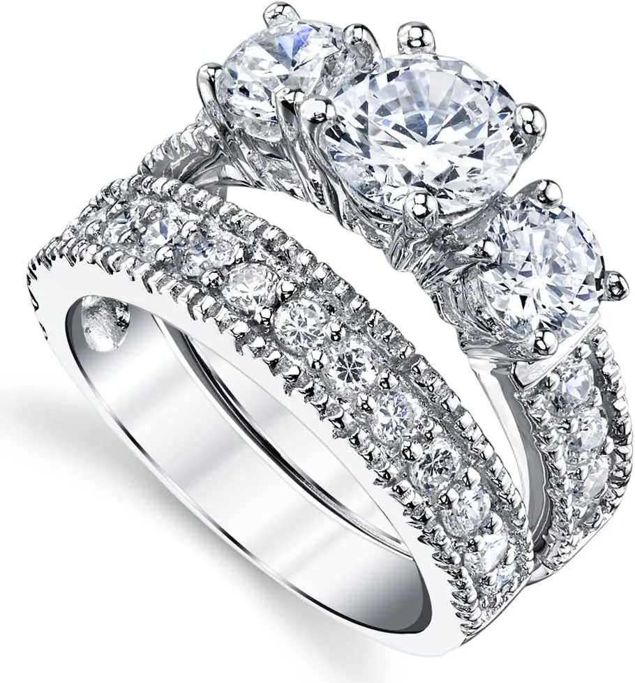 3.4 Carats Sterling Silver Past Present Future 2-Pc Bridal Set Cubic Zirconia Engagement Wedding Ring Band