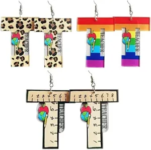 3/4 Pairs Teacher Dangle Earrings Set Colorful Leopard Pencil Ruler Shape Resin Acrylic Earrings Back to School Jewelry for Women