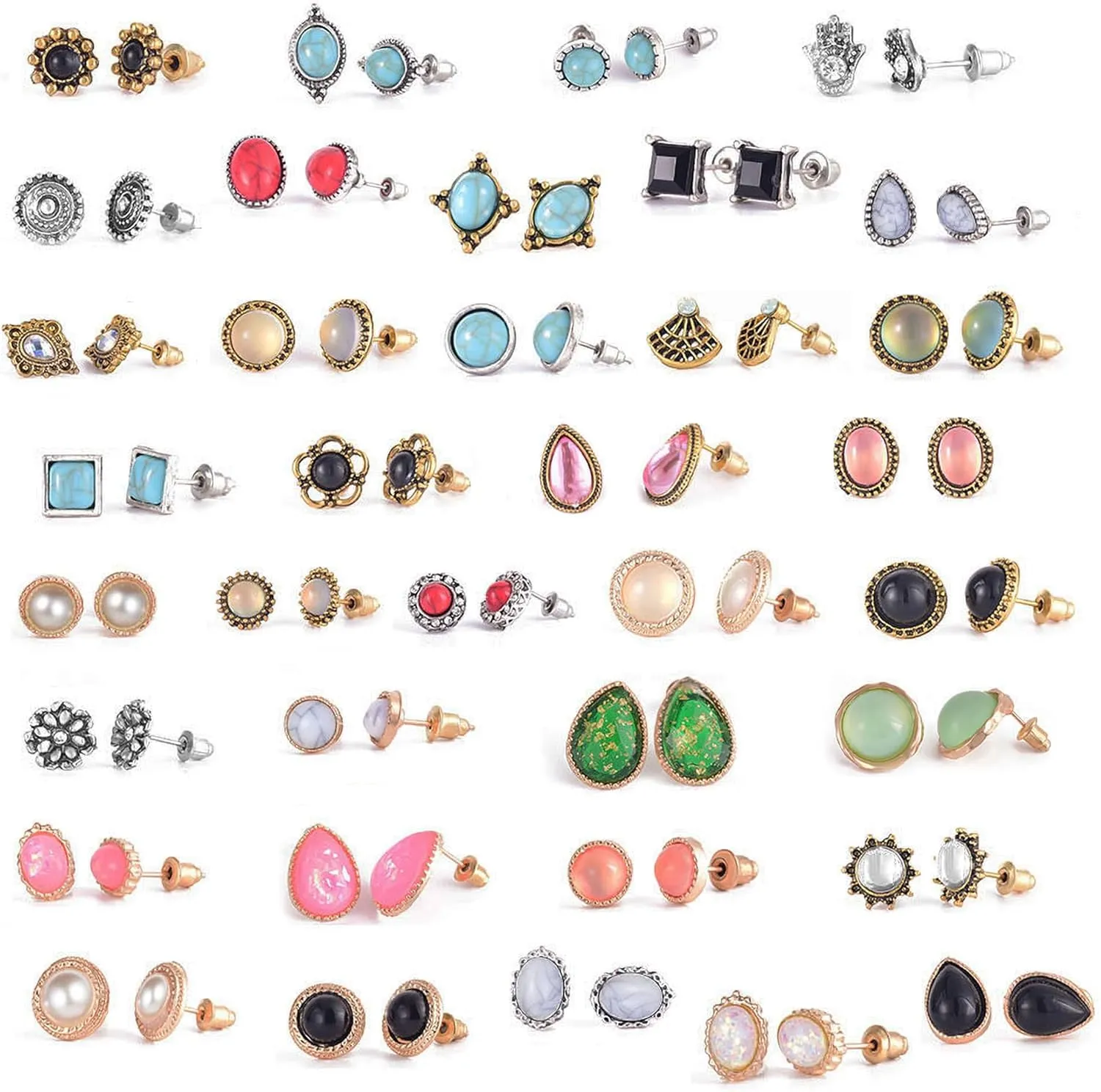 36 Pairs Boho Stud Earrings Set for Women Hypoallergenic Vintage Earrings Pack Fashion Opal Turquoise Studs