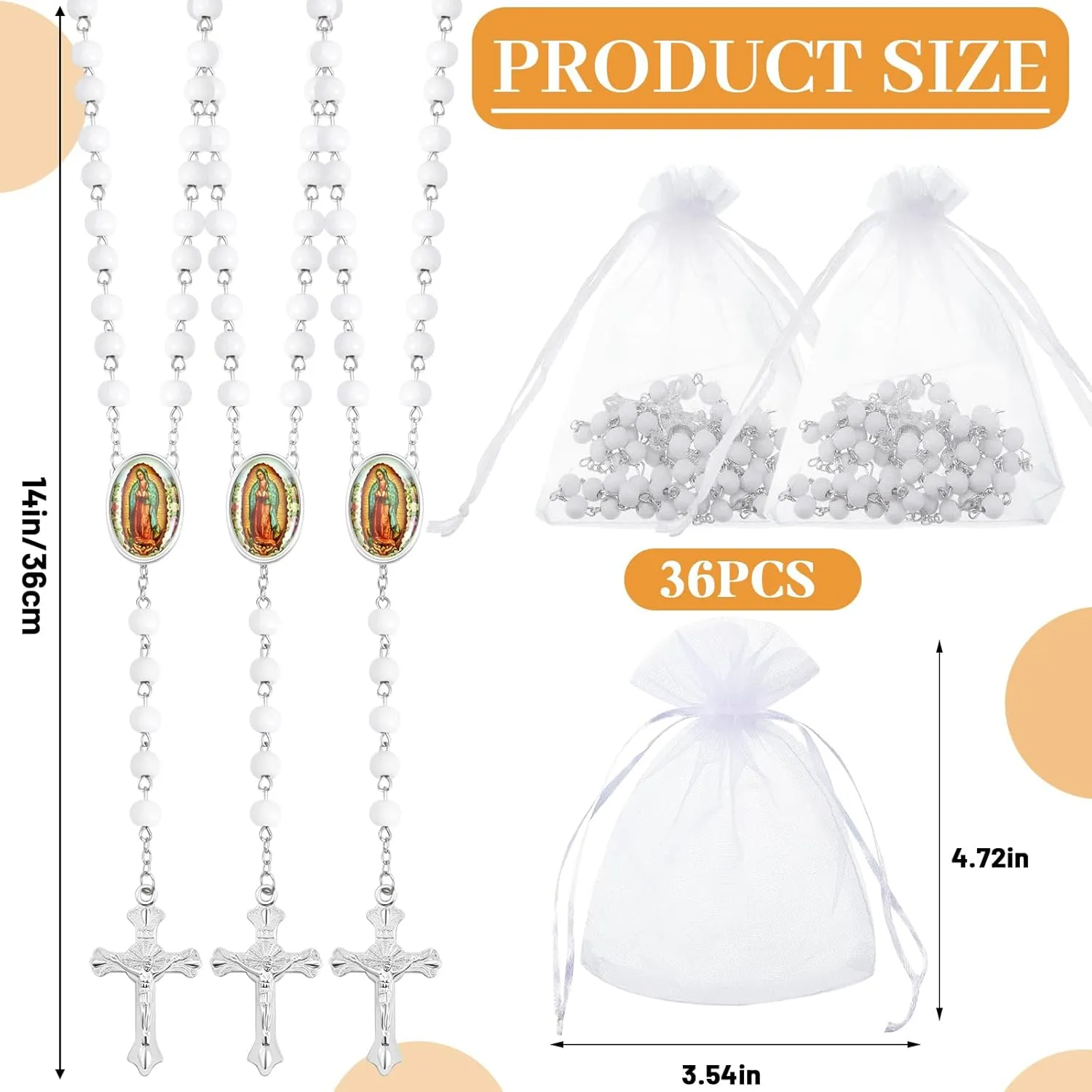 36 Pcs Wooden Bead Rosary Necklace with Crucifix and Our Lady of Guadalupe Scented First Communion Rosary with 36 Organza Bags Baptism Favors Catholic Gift for Men Women