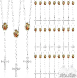 36 Pcs Wooden Bead Rosary Necklace with Crucifix and Our Lady of Guadalupe Scented First Communion Rosary with 36 Organza Bags Baptism Favors Catholic Gift for Men Women