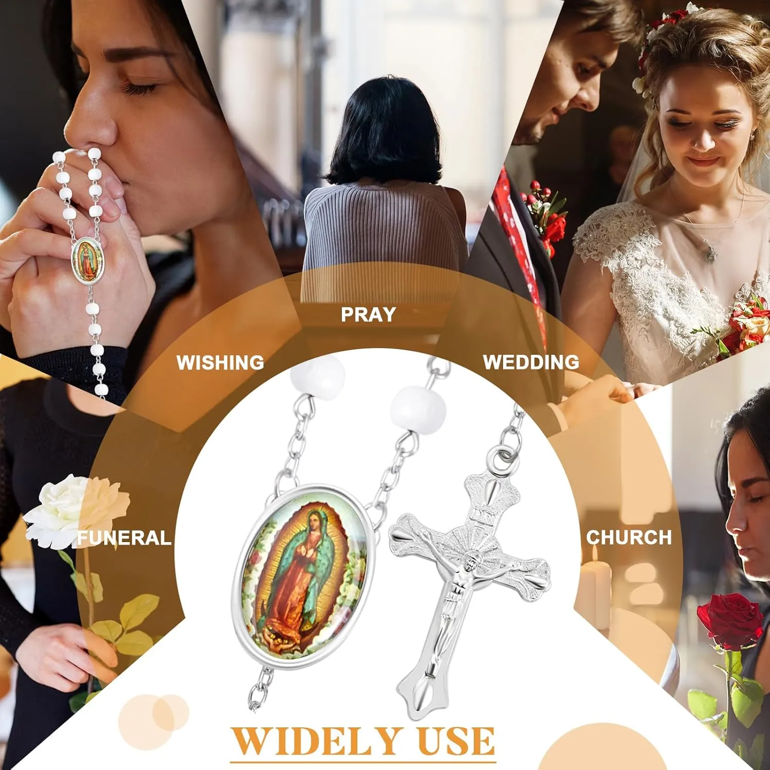 36 Pcs Wooden Bead Rosary Necklace with Crucifix and Our Lady of Guadalupe Scented First Communion Rosary with 36 Organza Bags Baptism Favors Catholic Gift for Men Women