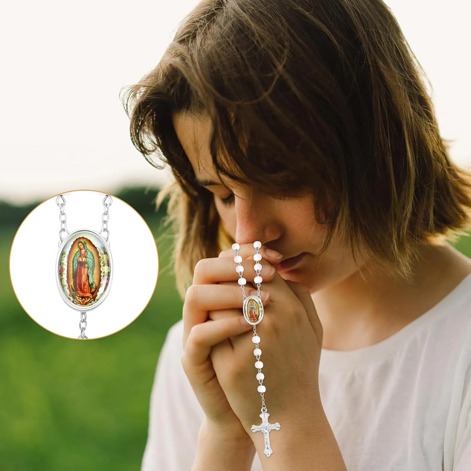 36 Pcs Wooden Bead Rosary Necklace with Crucifix and Our Lady of Guadalupe Scented First Communion Rosary with 36 Organza Bags Baptism Favors Catholic Gift for Men Women