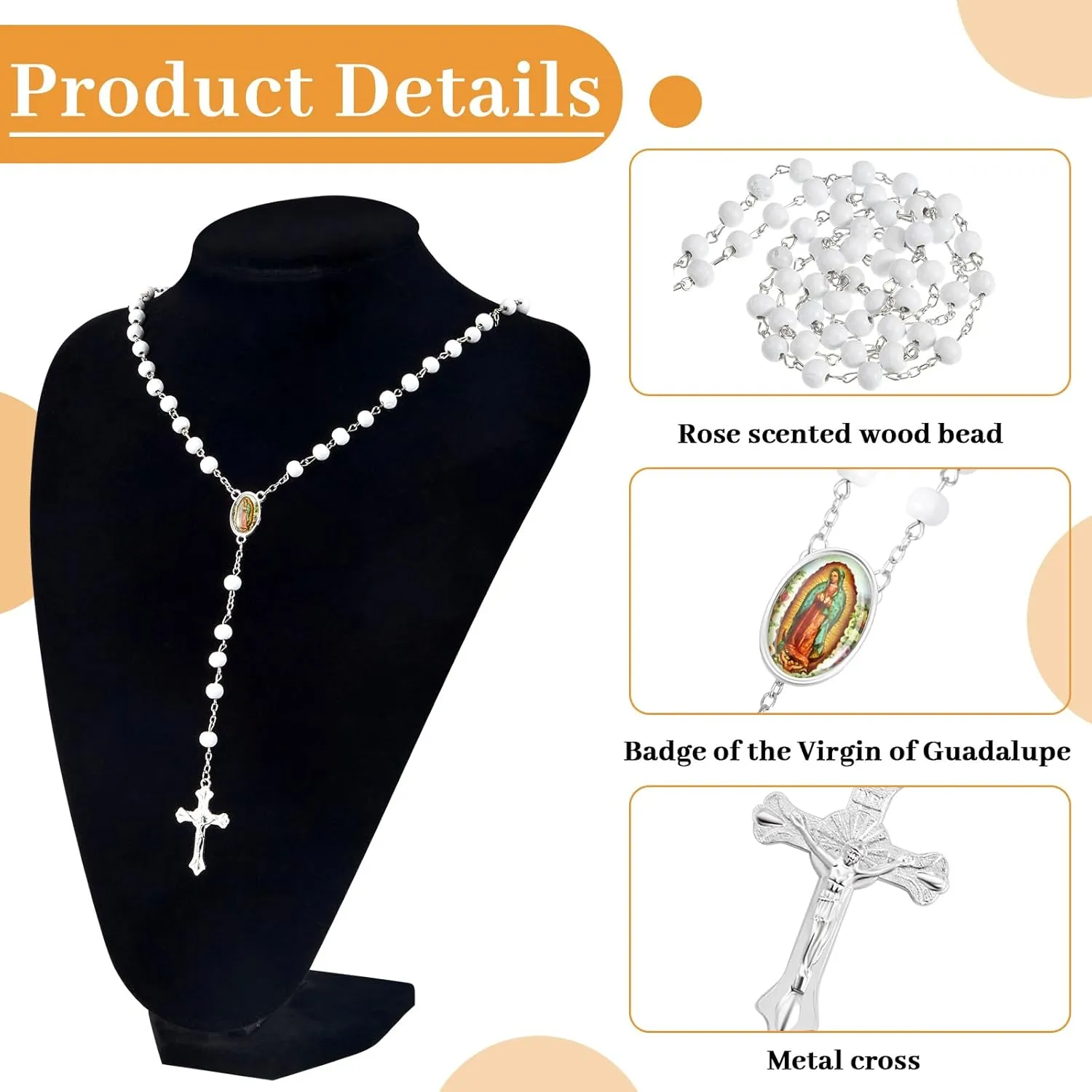 36 Pcs Wooden Bead Rosary Necklace with Crucifix and Our Lady of Guadalupe Scented First Communion Rosary with 36 Organza Bags Baptism Favors Catholic Gift for Men Women