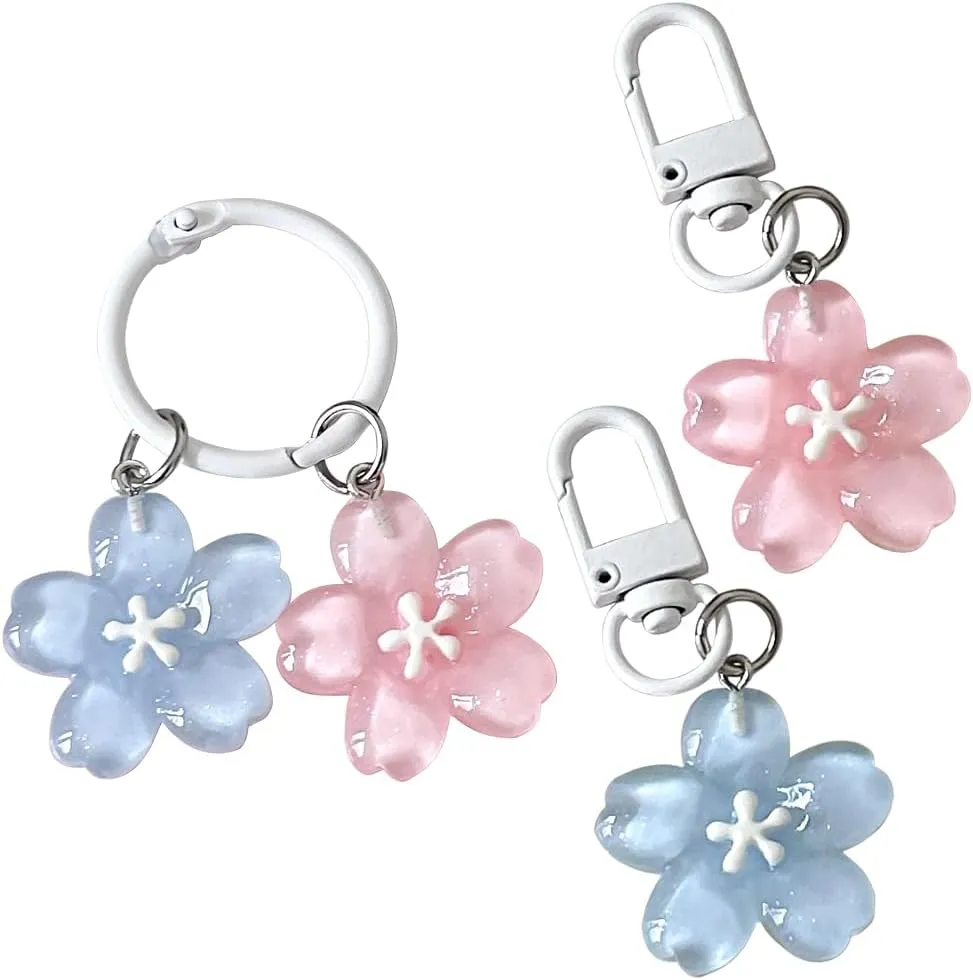 3pcs Flower Keychain,Cute Keychains for Women,Flower Key Chain Charms,Aesthetic Keychain Accessories,Floral Keychain Womens Keychain for Purse Bag Backpack Handbags Pendant Decor (Pink and Blue)