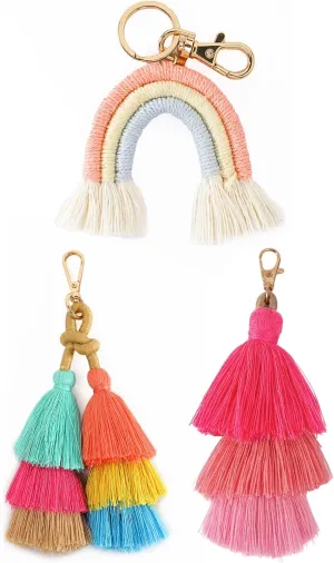 3pcs Keychain Tassels,Boho Rainbow Keychain & Double Stranded Colored Tassel Keychain with Triple Colorful Tassel Keychain Mobile Wallet Tassel Keychain Backpack Charms