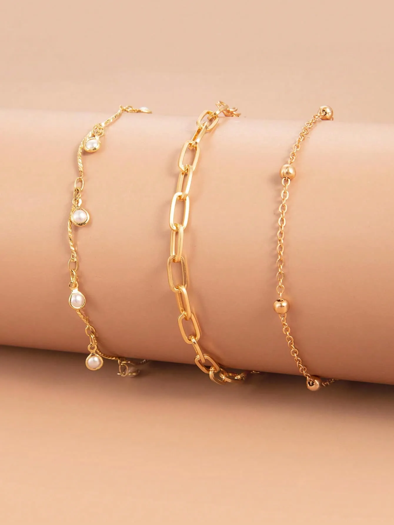 3pcs/Set Simple & Stylish Casual Faux Pearl Beads Chain Bracelets Set