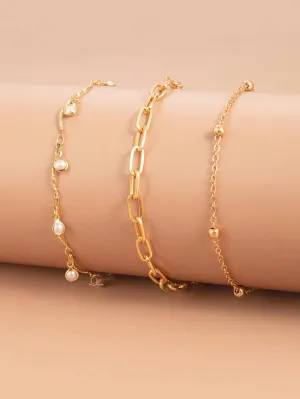 3pcs/Set Simple & Stylish Casual Faux Pearl Beads Chain Bracelets Set
