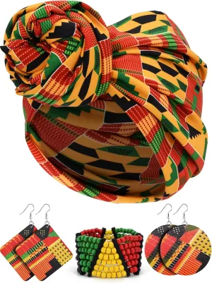 4 Pieces African Jewelry Sets Kente Cloth Scarf Black History Month Decorations Outfits African Headpiece Earrings Turban Wood Juneteenth Beaded Bracelet Rasta for Women