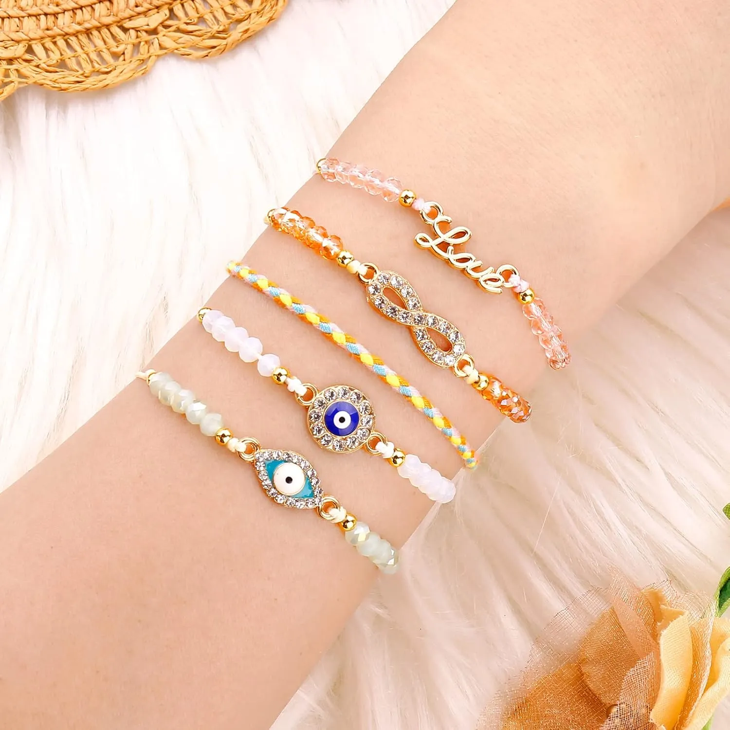 4/12 Pcs Evil Eye Bracelets Fatima Hand Cross Love Heart Infinity Bracelet Lucky Anklet for Women Girls Link Bracelets Adjustable (4Pcs-Style 2)