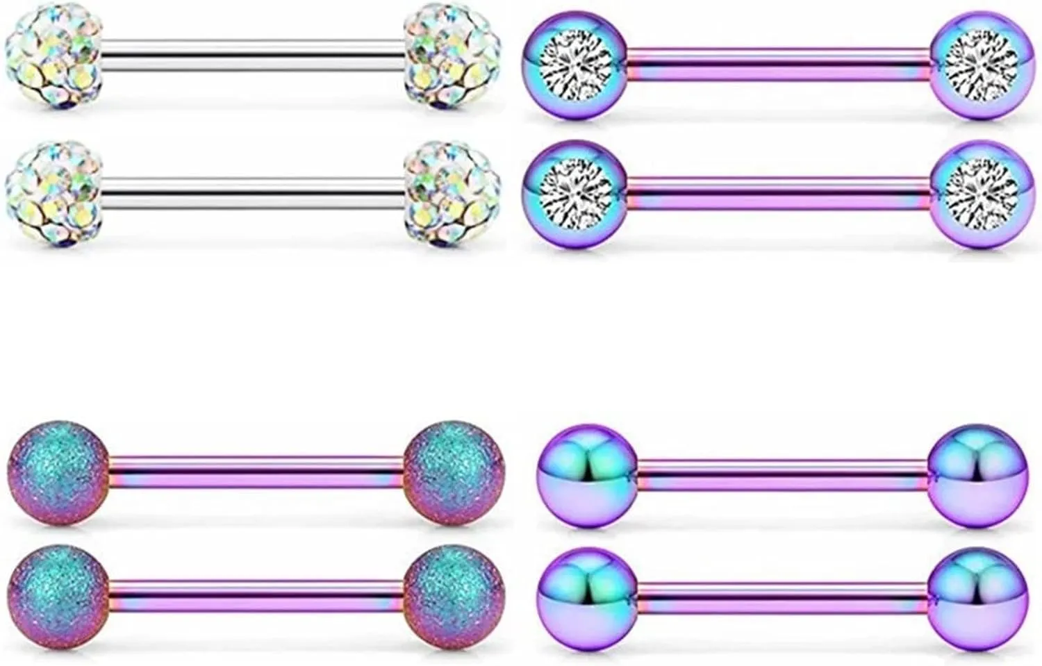 4Pairs 14G Stainless Steel Nipple Rings Glitter Colorful CZ Ball Straight Barbell Bars Tongue Ring 16mm(5/8Inch) Body Piercing Jewelry Set