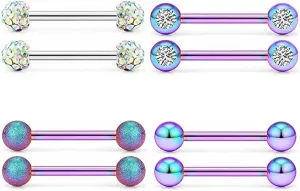 4Pairs 14G Stainless Steel Nipple Rings Glitter Colorful CZ Ball Straight Barbell Bars Tongue Ring 16mm(5/8Inch) Body Piercing Jewelry Set