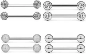 4Pairs 14G Stainless Steel Nipple Rings Glitter Colorful CZ Ball Straight Barbell Bars Tongue Ring 16mm(5/8Inch) Body Piercing Jewelry Set