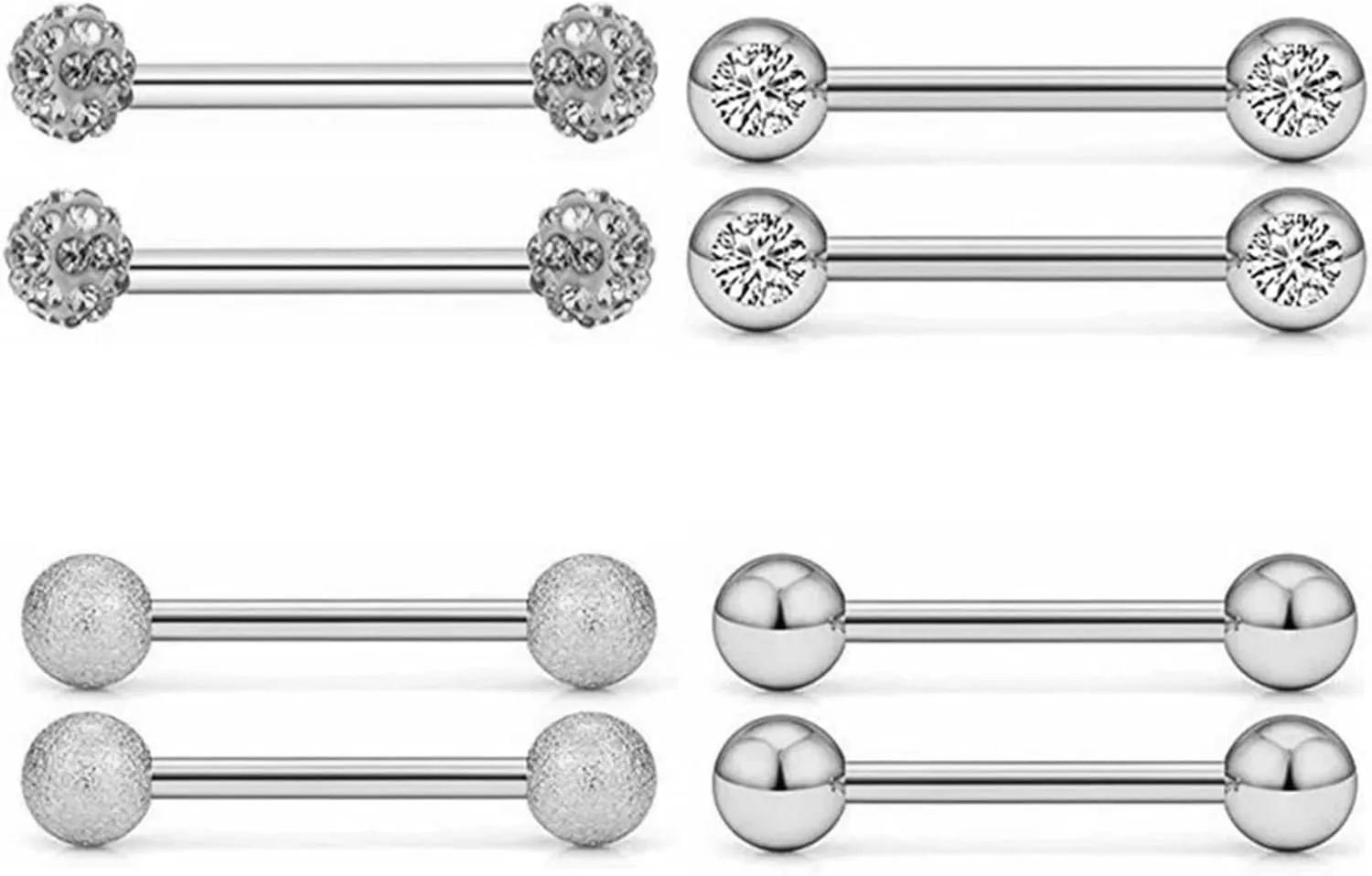 4Pairs 14G Stainless Steel Nipple Rings Glitter Colorful CZ Ball Straight Barbell Bars Tongue Ring 16mm(5/8Inch) Body Piercing Jewelry Set