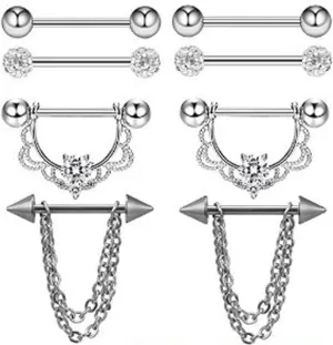 4Pairs 14G Stainless Steel Nipple Rings Glitter CZ Ball Chain Straight Barbell Bars Tongue Ring 16mm(5/8Inch) Body Piercing Jewelry