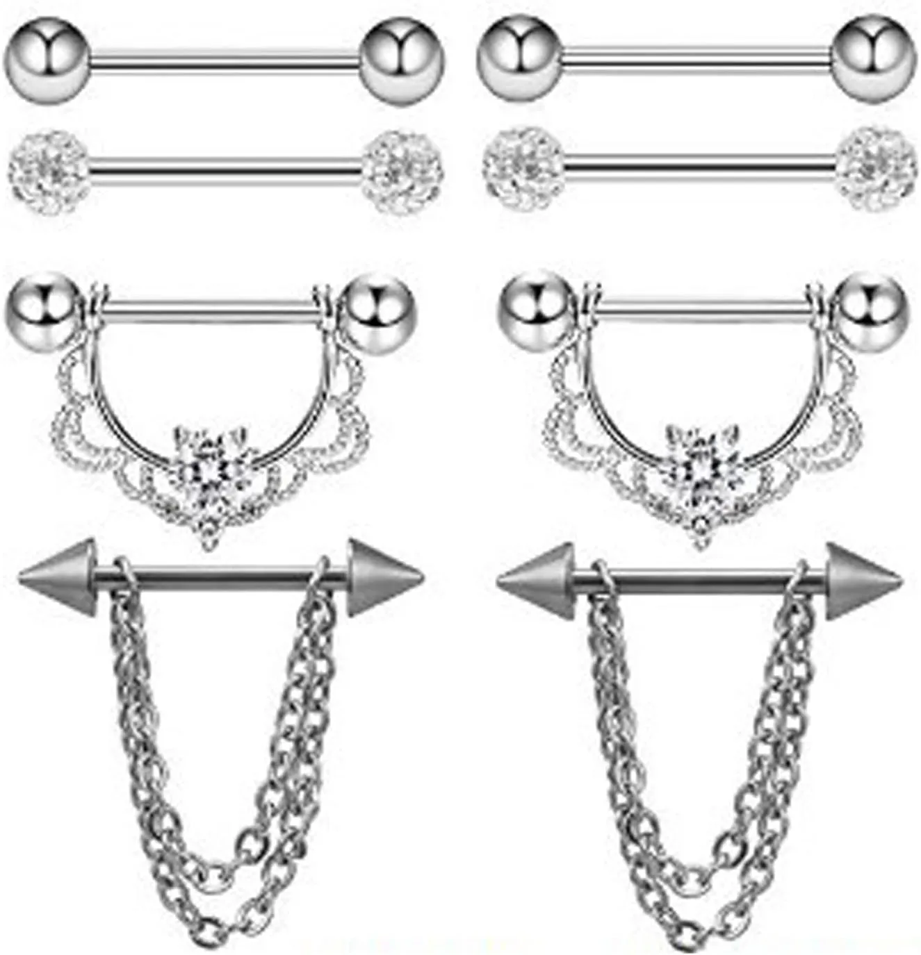 4Pairs 14G Stainless Steel Nipple Rings Glitter CZ Ball Chain Straight Barbell Bars Tongue Ring 16mm(5/8Inch) Body Piercing Jewelry