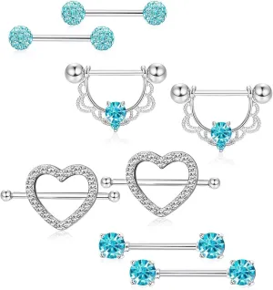 4Pairs 14G Stainless Steel Nipple Rings Glitter CZ Heart Balls Straight Barbell Bars Tongue Ring 14mm(9/16Inch) Body Piercing Jewelry