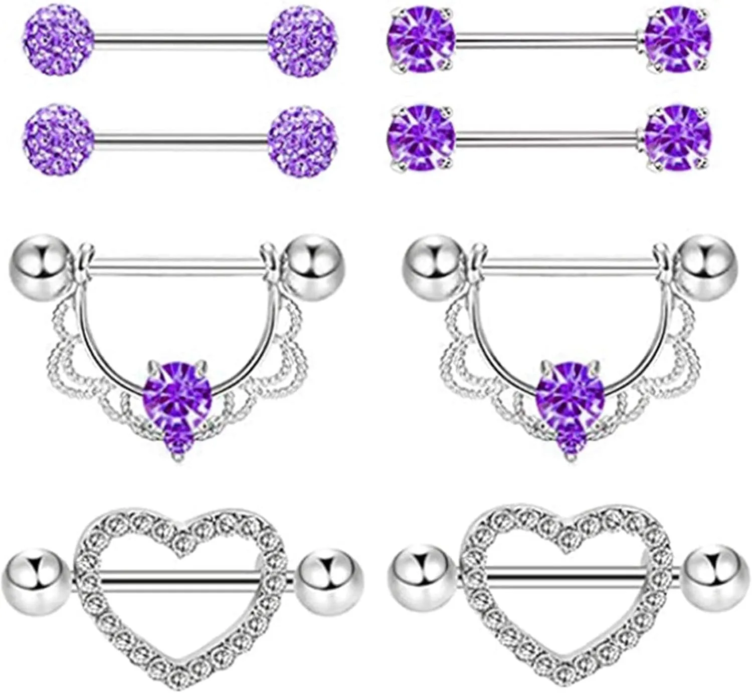 4Pairs 14G Stainless Steel Nipple Rings Glitter CZ Heart Balls Straight Barbell Bars Tongue Ring 14mm(9/16Inch) Body Piercing Jewelry
