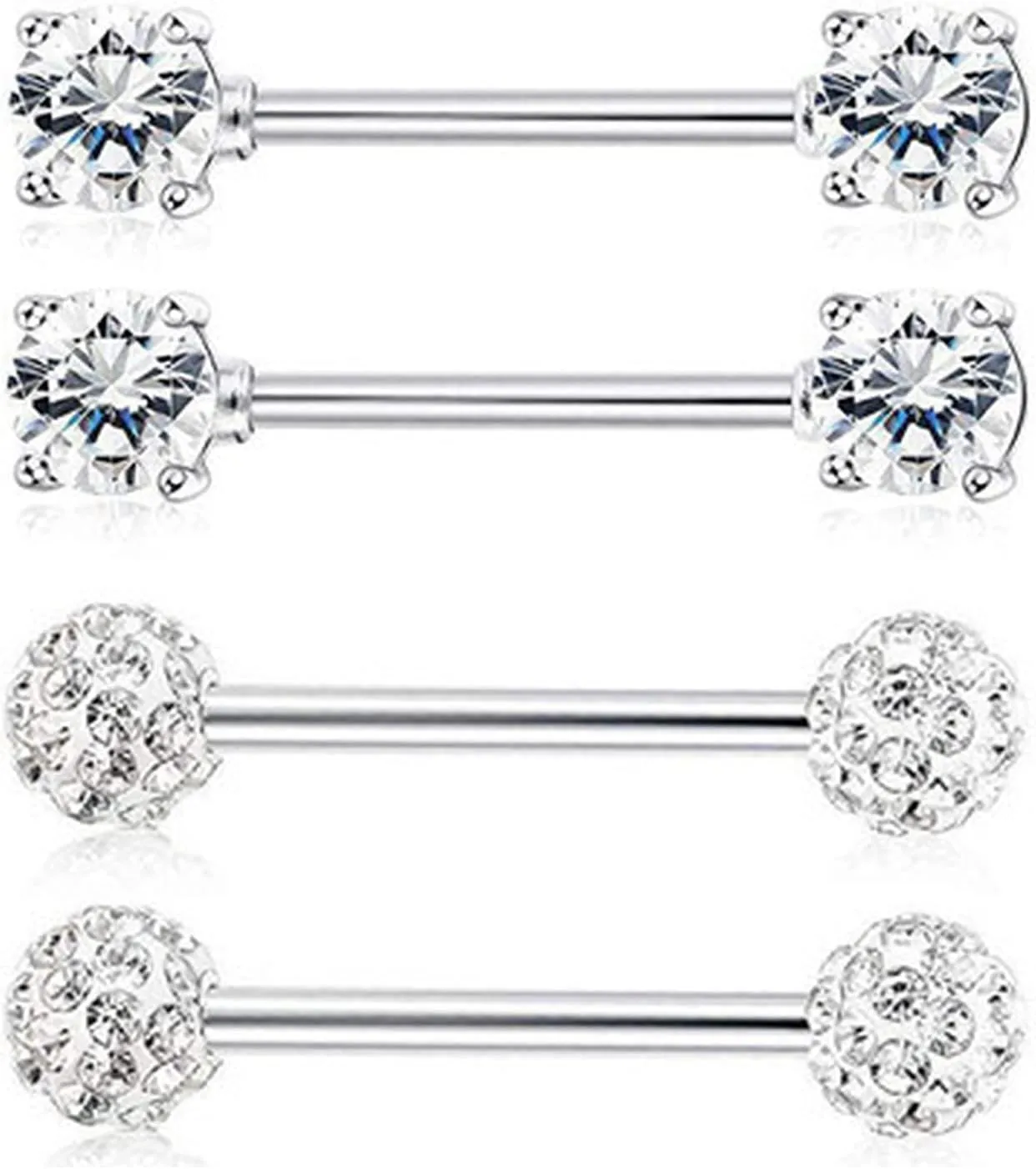 4Pairs 14G Stainless Steel Nipple Rings Glitter CZ Heart Balls Straight Barbell Bars Tongue Ring 14mm(9/16Inch) Body Piercing Jewelry