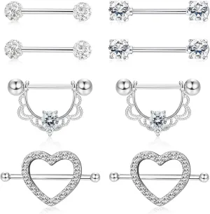 4Pairs 14G Stainless Steel Nipple Rings Glitter CZ Heart Balls Straight Barbell Bars Tongue Ring 14mm(9/16Inch) Body Piercing Jewelry