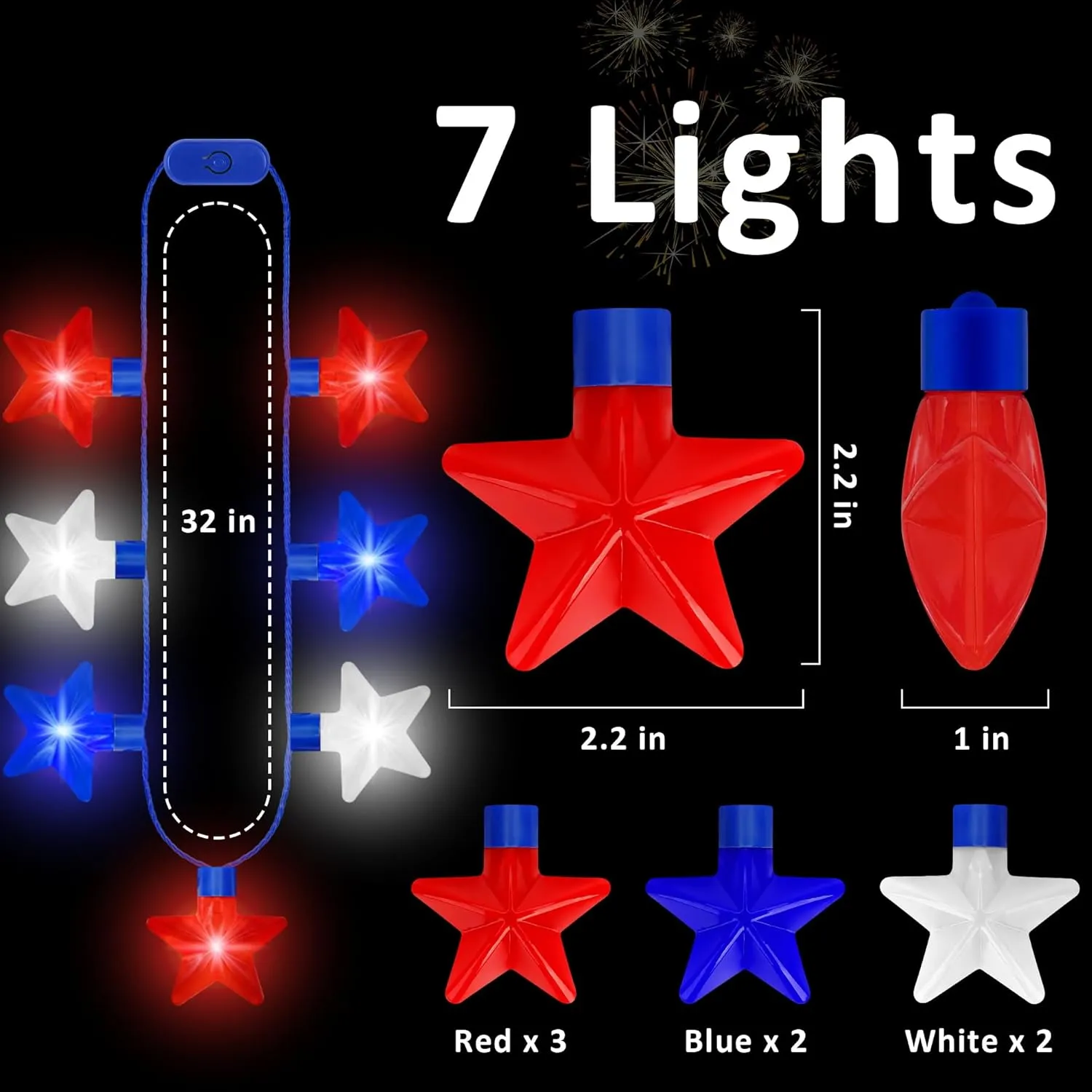 4th of July Necklace Accessories, 12PCS Independence Day Light up Necklace, Fourth of July 7 Bulb Red Blue Whtie Stars Stuff, Glow Necklaces Bulk Flag Day Patriotic Themed Parades Parties Favors