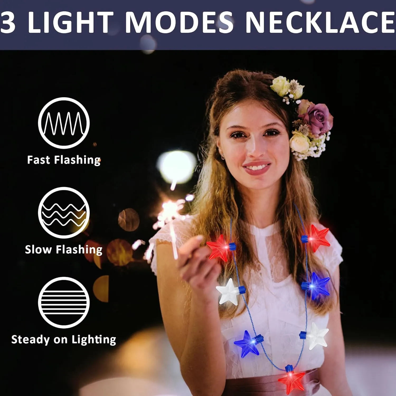 4th of July Necklace Accessories, 12PCS Independence Day Light up Necklace, Fourth of July 7 Bulb Red Blue Whtie Stars Stuff, Glow Necklaces Bulk Flag Day Patriotic Themed Parades Parties Favors