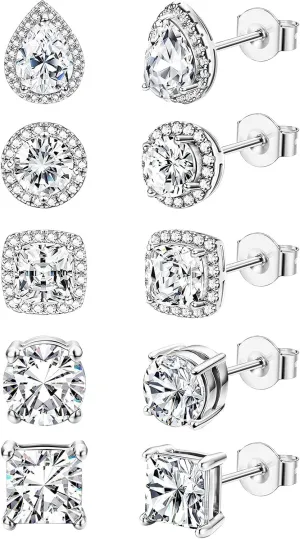 5 Pairs Cubic Zirconia Sterling Silver Stud Earrings for Women,14K Small Gold Plated Tiny Stud Earrings Set for Multiple Piercing Cartilage Hypoallergenic Earrings For Men