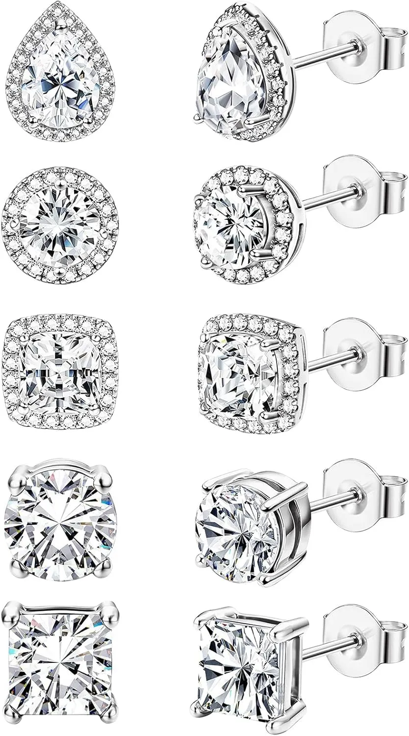 5 Pairs Cubic Zirconia Sterling Silver Stud Earrings for Women,14K Small Gold Plated Tiny Stud Earrings Set for Multiple Piercing Cartilage Hypoallergenic Earrings For Men