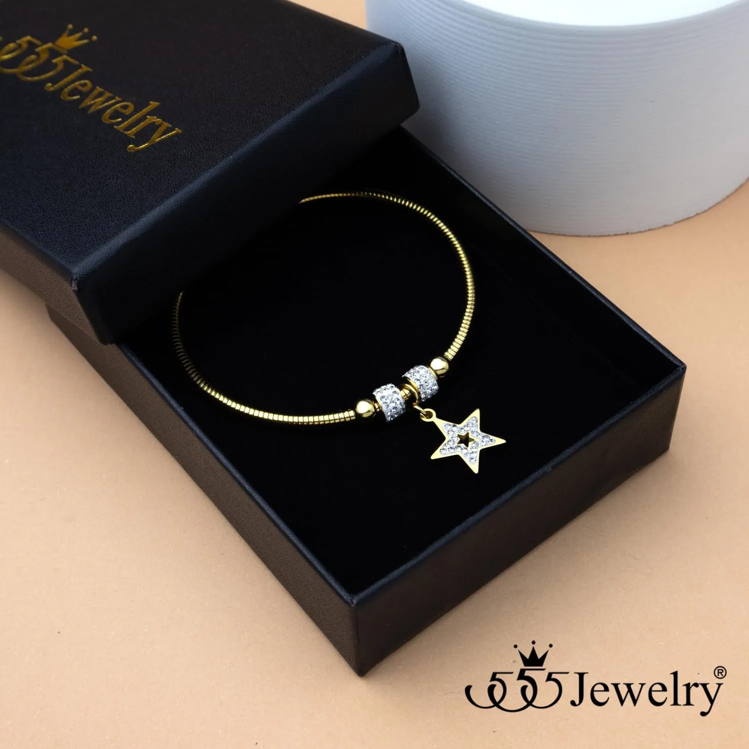 555Jewelry Stainless Steel Bangle Bracelets for Women Star Bracelet Arm Cuff Cubic Zirconia Bracelets for Women CZ Star Charm Bangle
