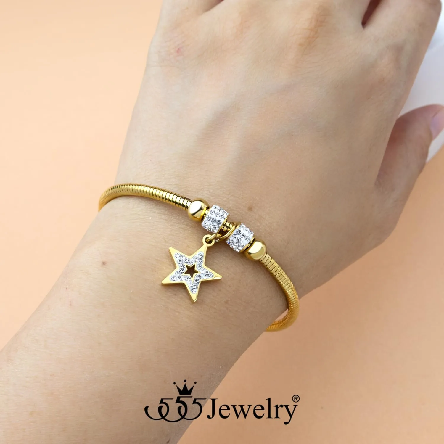 555Jewelry Stainless Steel Bangle Bracelets for Women Star Bracelet Arm Cuff Cubic Zirconia Bracelets for Women CZ Star Charm Bangle