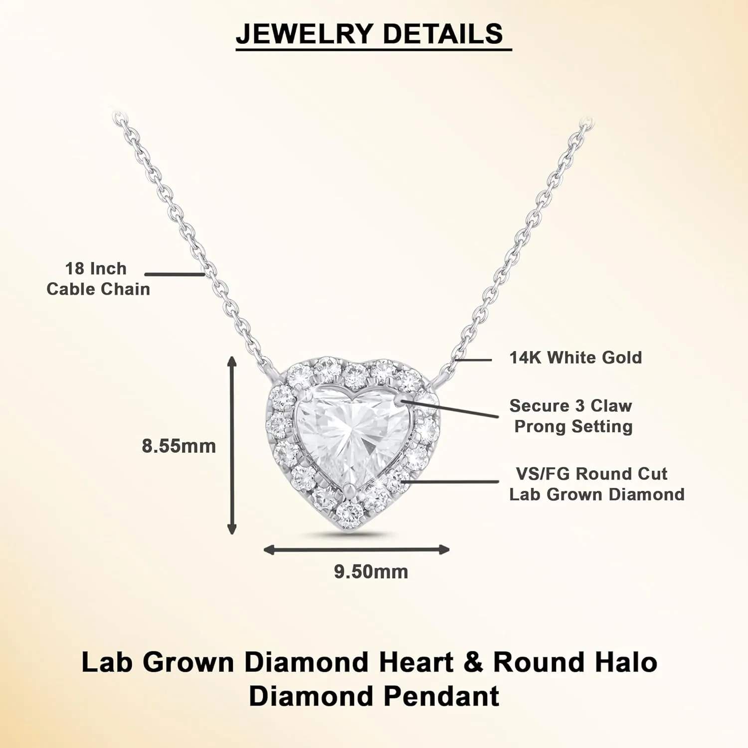 5/8 cttw to 1.20 cttw t IGI Certified Lab Grown Diamond Heart Necklace for Women's | Solid 14KT White or Yellow Gold Round Halo Diamond Pendant with 18" 14K Gold Cable Chain | (Clarity: VS, Color: FG)