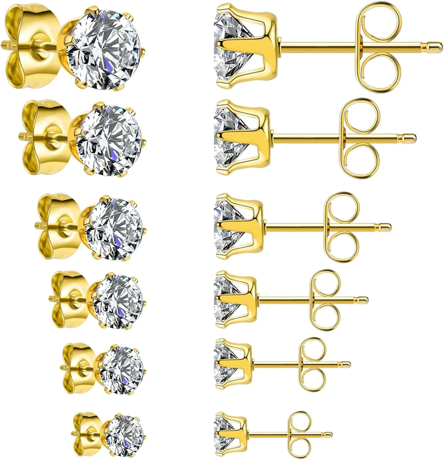 6 Pairs Silver Gold Simulated Diamond Stud Earrings for Women Men, 14K Gold Plated Hypoallergenic Cubic Zirconia Earrings Stainless Steel CZ Ear Studs Set (3-8mm)