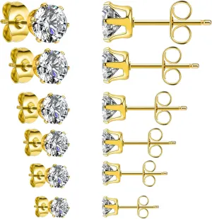 6 Pairs Silver Gold Simulated Diamond Stud Earrings for Women Men, 14K Gold Plated Hypoallergenic Cubic Zirconia Earrings Stainless Steel CZ Ear Studs Set (3-8mm)