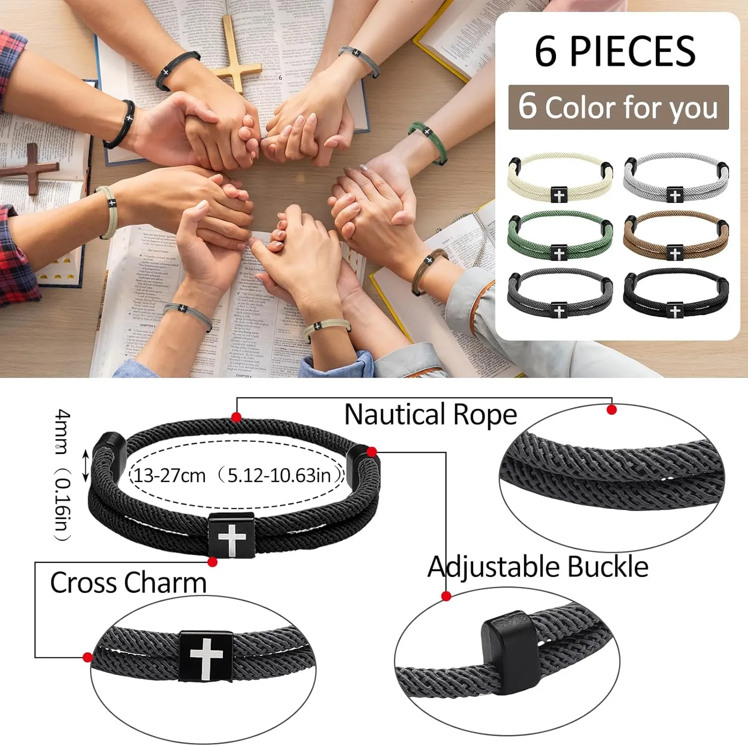 6 Pcs Braided Cross Bracelet Adjustable Rope Jesus Bracelet Christian Religious Gift for Men Women WWJD Wristband Metal Knot