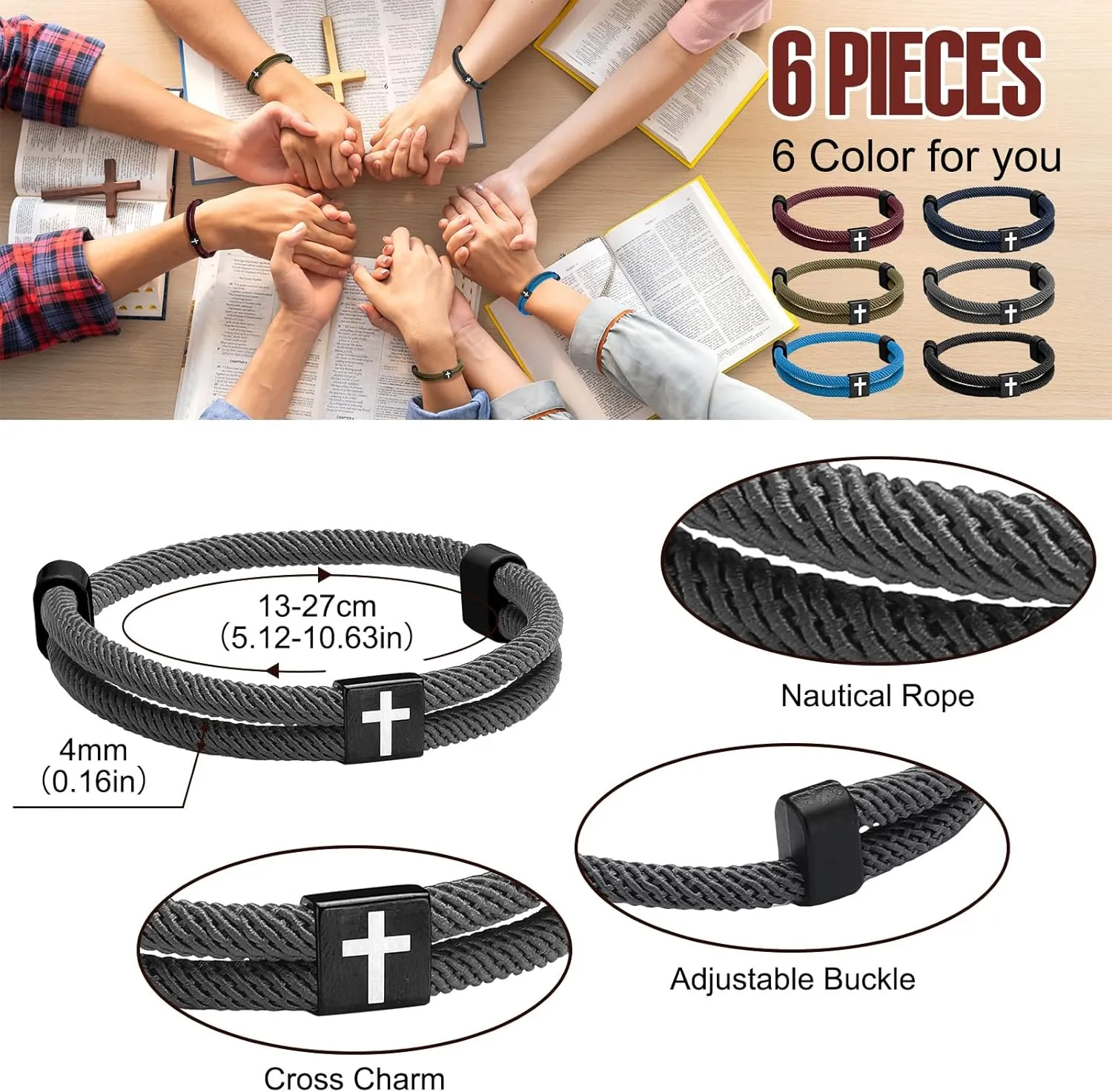 6 Pcs Braided Cross Bracelet Adjustable Rope Jesus Bracelet Christian Religious Gift for Men Women WWJD Wristband Metal Knot