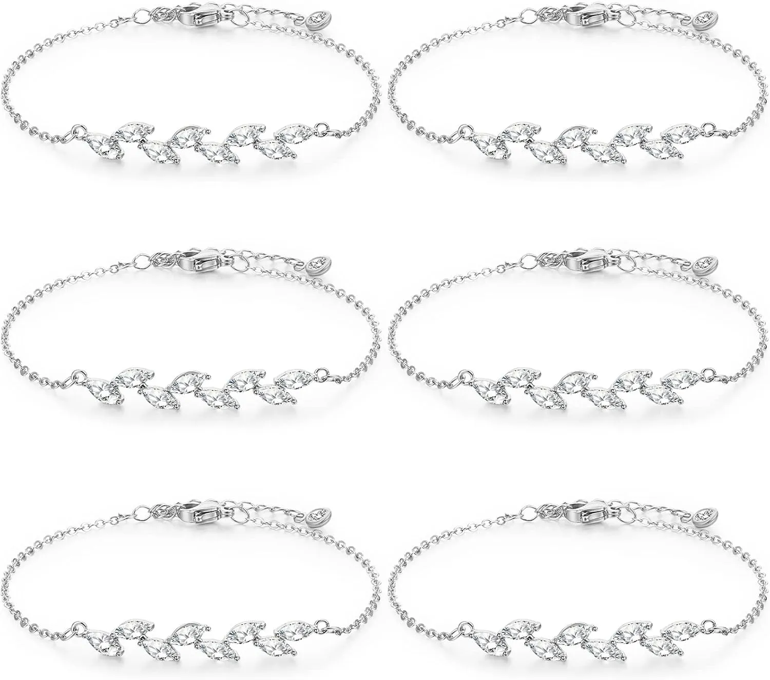 6 Pcs Bridesmaid Gifts, Dainty Bracelets, Tiny Zirconia Leaf, Adjustable Bridal Bracelet Jewelry