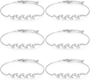 6 Pcs Bridesmaid Gifts, Dainty Bracelets, Tiny Zirconia Leaf, Adjustable Bridal Bracelet Jewelry
