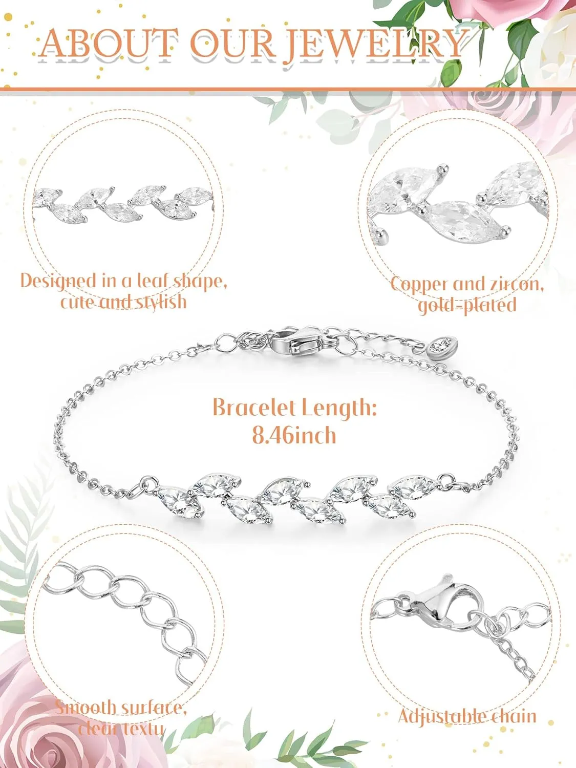 6 Pcs Bridesmaid Gifts, Dainty Bracelets, Tiny Zirconia Leaf, Adjustable Bridal Bracelet Jewelry