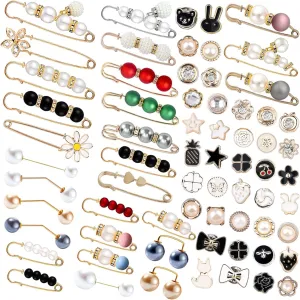 69 Pcs Pearl Brooch, Sweater Shawl Hat Clip Neckline Pins Double Faux Pearl Brooches for Women Fashion Cover Up Buttons Clothing Dresses Decoration Accessories Pant Waist Tightener Safety Pins