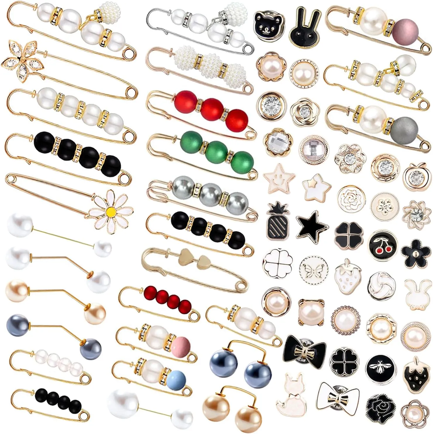 69 Pcs Pearl Brooch, Sweater Shawl Hat Clip Neckline Pins Double Faux Pearl Brooches for Women Fashion Cover Up Buttons Clothing Dresses Decoration Accessories Pant Waist Tightener Safety Pins