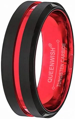 6mm Men's Black Tungsten Rings Red Plated Grooved Black Matte Finish Beveled Edges Engagement Couples Rings Size 9.5