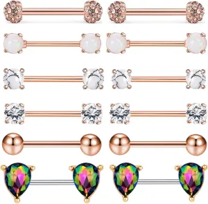 6Pairs 14G Stainless Steel Nipple Rings Glitter Colorful CZ Ball Straight Barbell Bars Tongue Ring 16mm(5/8Inch) Body Piercing Jewelry Set